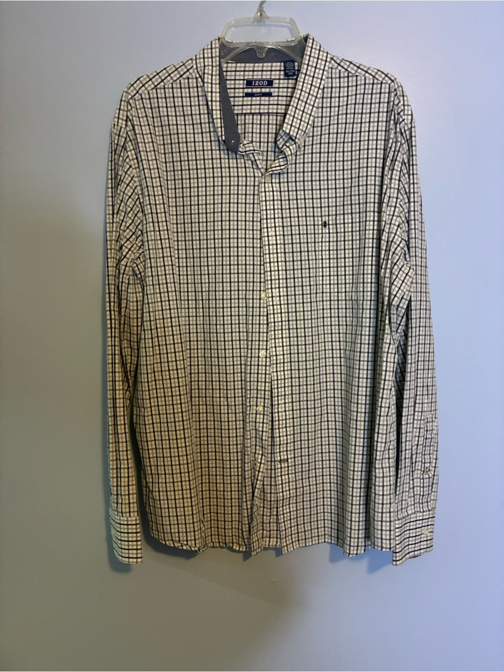 Izod Men’s Long-Sleeve Windowpane Button-Down Shirt in White and Navy